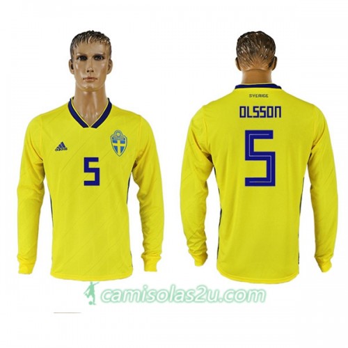 Camisolas de Futebol Suécia Olsson 5 Equipamento Principal Copa do Mundo 2018 Manga Comprida Camisolas de Futebol Suécia Olsson 5 Equipamento Principal Copa do Mundo 2018 Manga Comprida